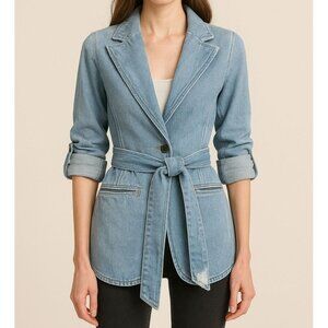 Vintage L’Avion Denim Belted Blazer Jacket Rolled Sleeves Aviator Western Small‎